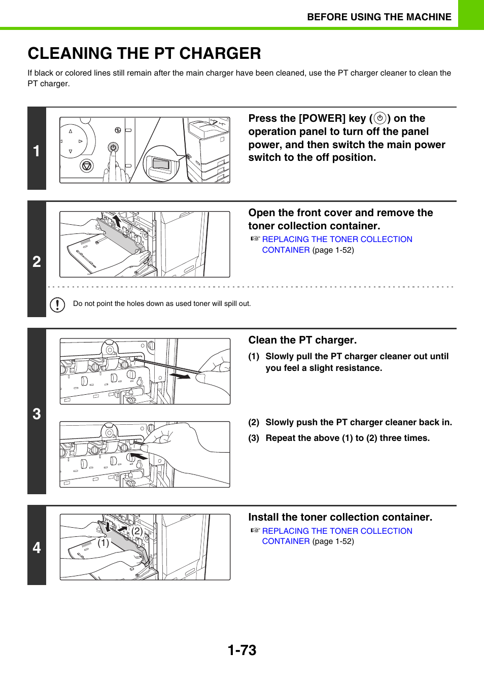 Cleaning the pt charger -73, Cleaning the pt charger | Sony MX-C400P User Manual | Page 76 / 257