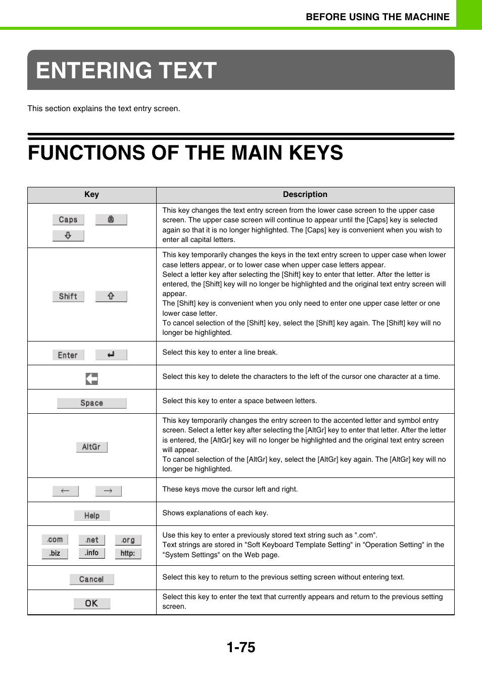 Entering text, Functions of the main keys -75, E 1-75) | Functions of the main keys | Sony MX-C400P User Manual | Page 78 / 257