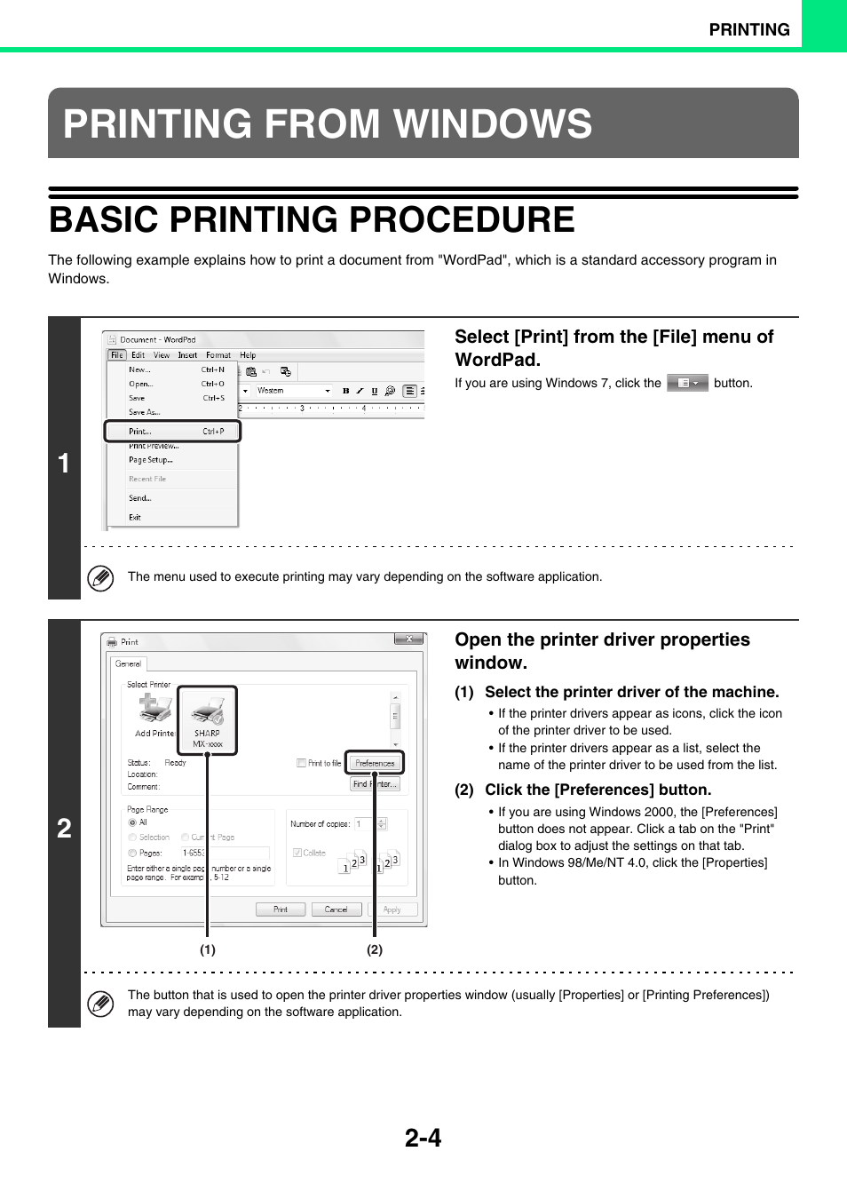 Printing from windows, Basic printing procedure -4, Basic printing procedure | Sony MX-C400P User Manual | Page 83 / 257