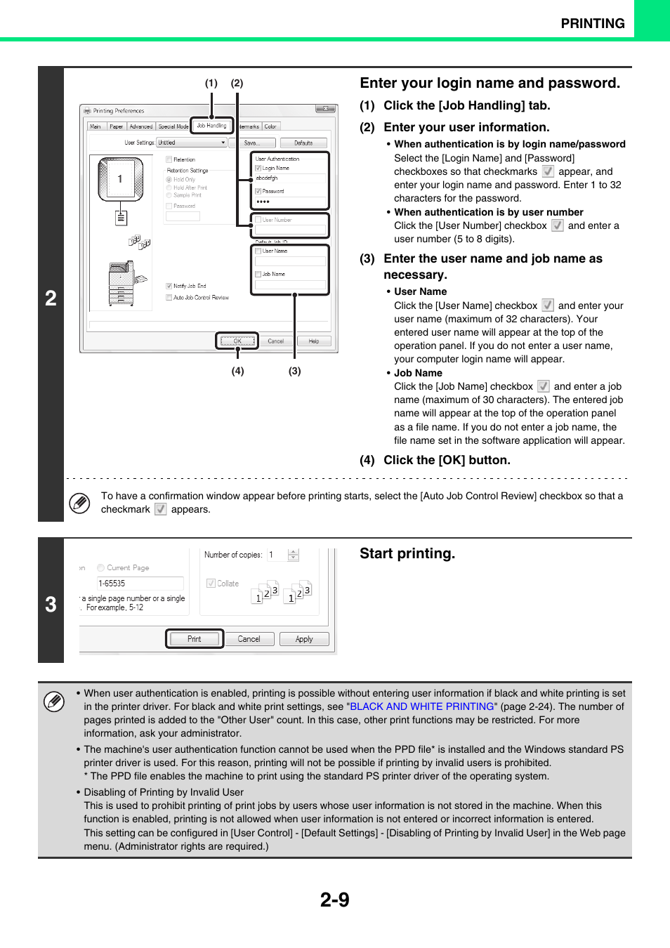 Enter your login name and password, Start printing | Sony MX-C400P User Manual | Page 88 / 257