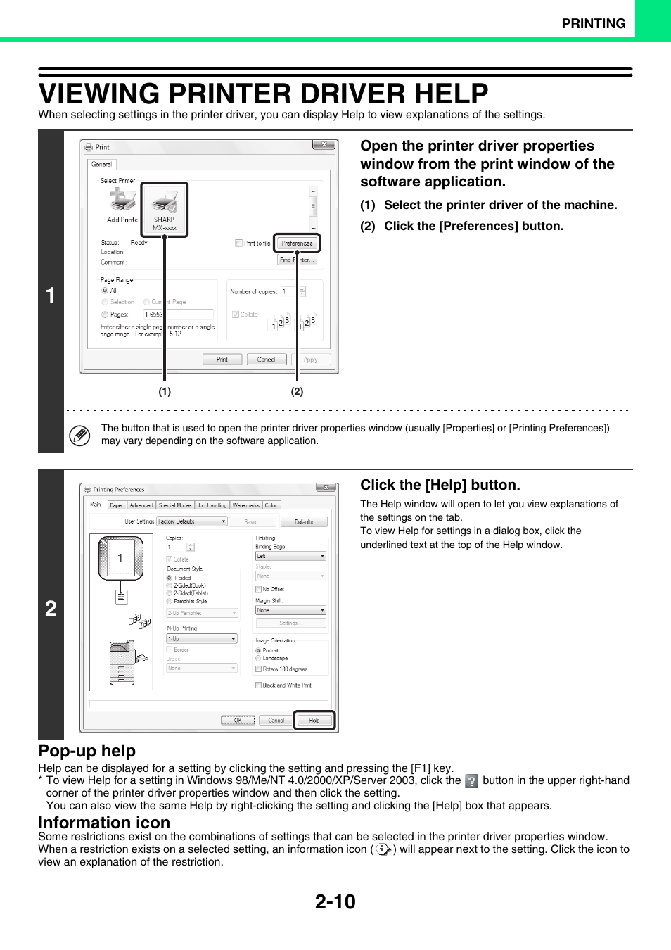 Viewing printer driver help -10, Viewing printer driver help, Pop-up help | Information icon | Sony MX-C400P User Manual | Page 89 / 257