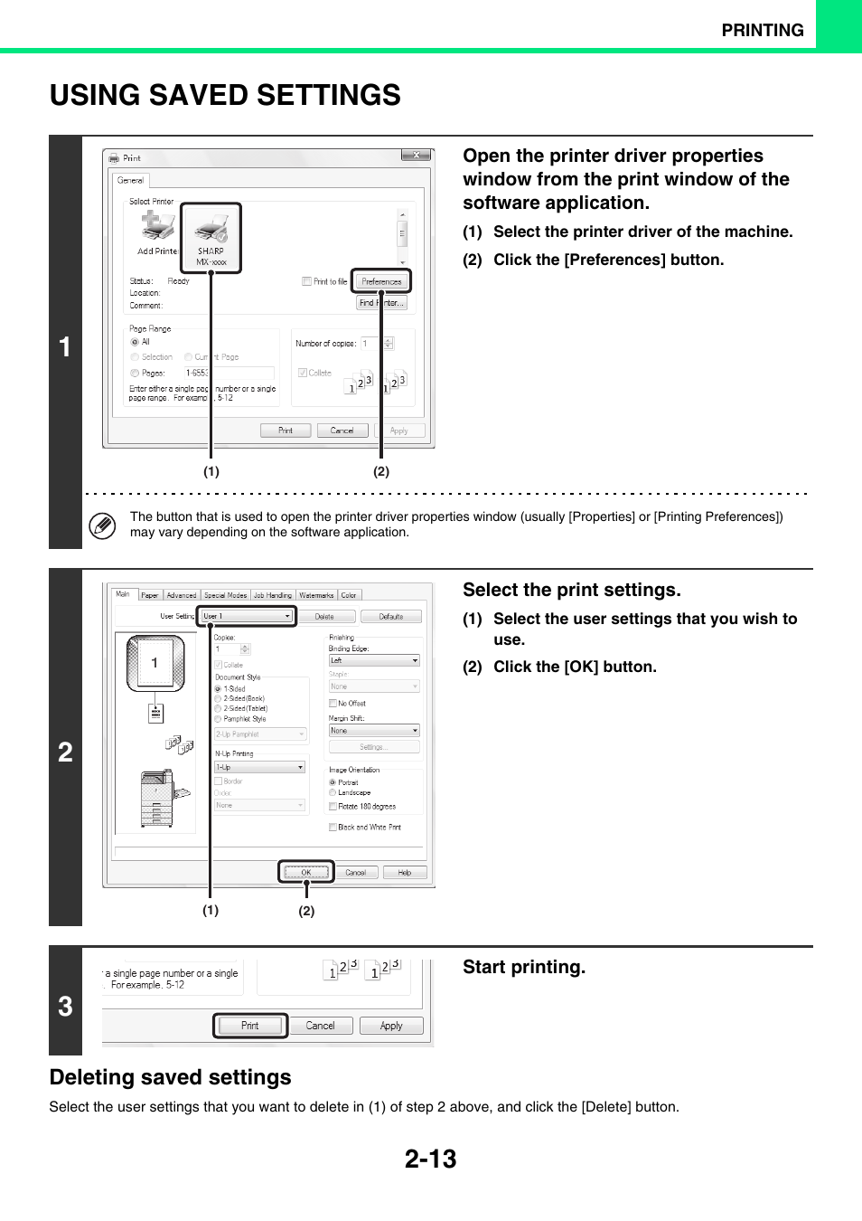 Using saved settings -13, Using saved settings, Deleting saved settings | Sony MX-C400P User Manual | Page 92 / 257