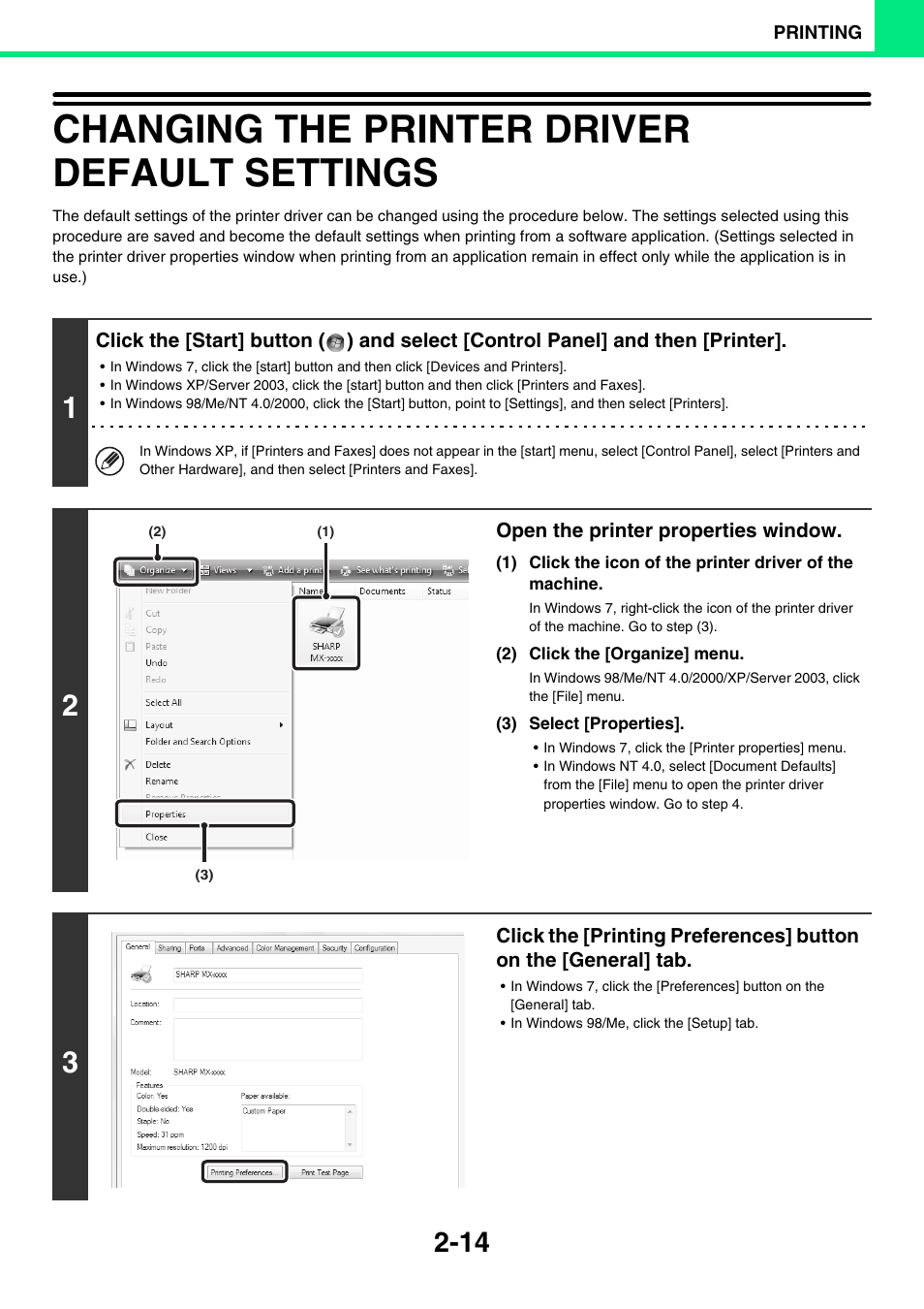 Changing the printer driver default settings -14, Changing the printer driver default settings | Sony MX-C400P User Manual | Page 93 / 257