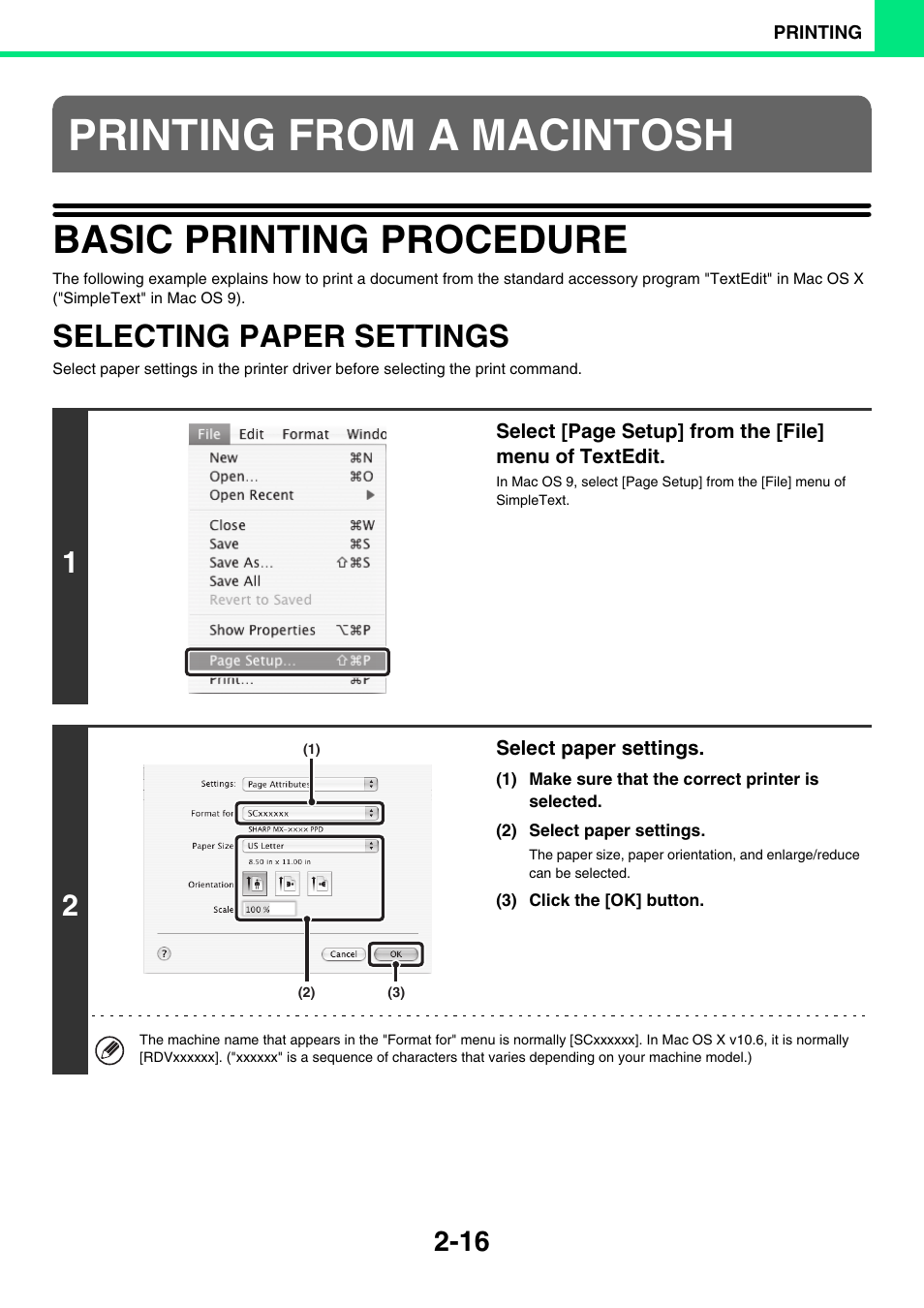 Printing from a macintosh, Basic printing procedure -16, Selecting paper settings -16 | Basic printing procedure, Selecting paper settings | Sony MX-C400P User Manual | Page 95 / 257