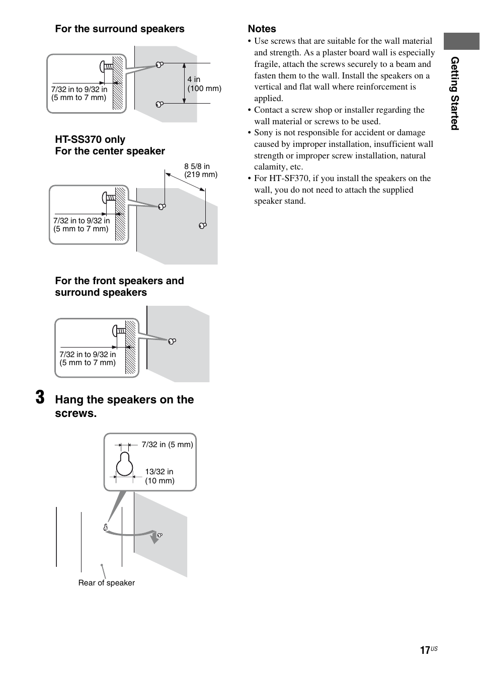 Hang the speakers on the screws | Sony HT-SF370 User Manual | Page 17 / 76