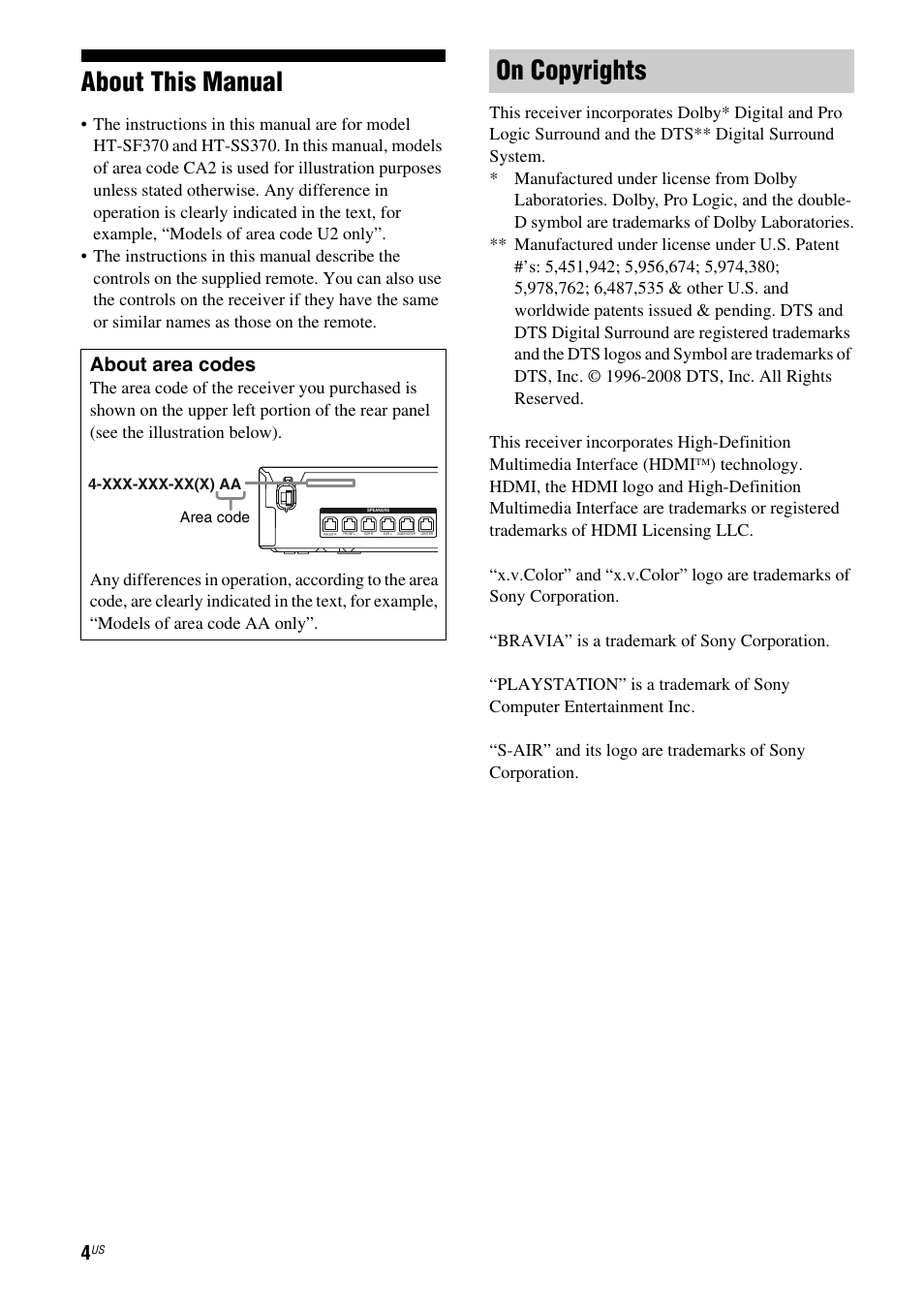 About this manual, On copyrights, About area codes | Sony HT-SF370 User Manual | Page 4 / 76