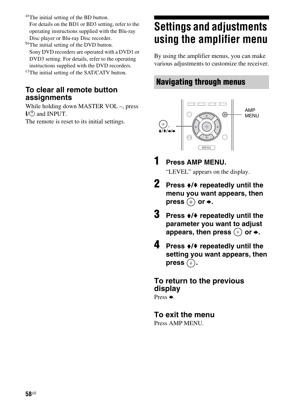 Settings and adjustments using the amplifier menu, Settings and adjustments using the, Amplifier menu | Navigating through menus | Sony HT-SF370 User Manual | Page 58 / 76