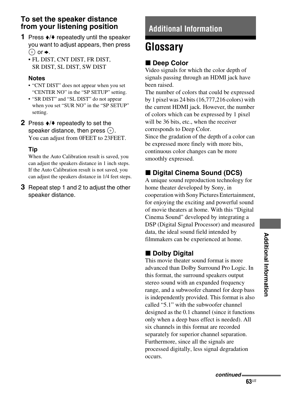 Additional information, Glossary | Sony HT-SF370 User Manual | Page 63 / 76