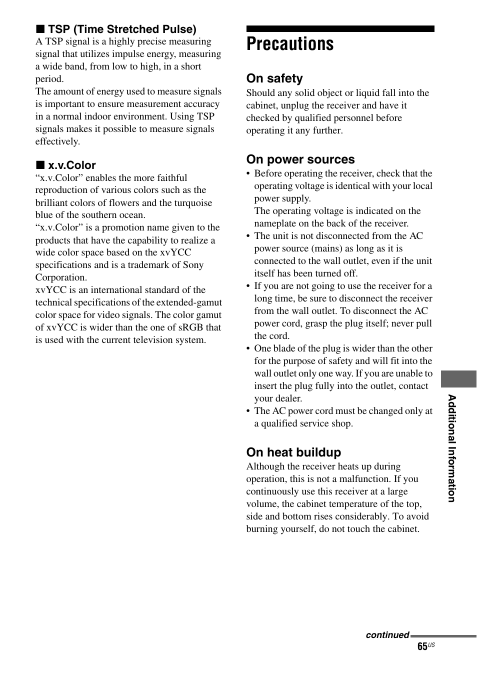 Precautions | Sony HT-SF370 User Manual | Page 65 / 76