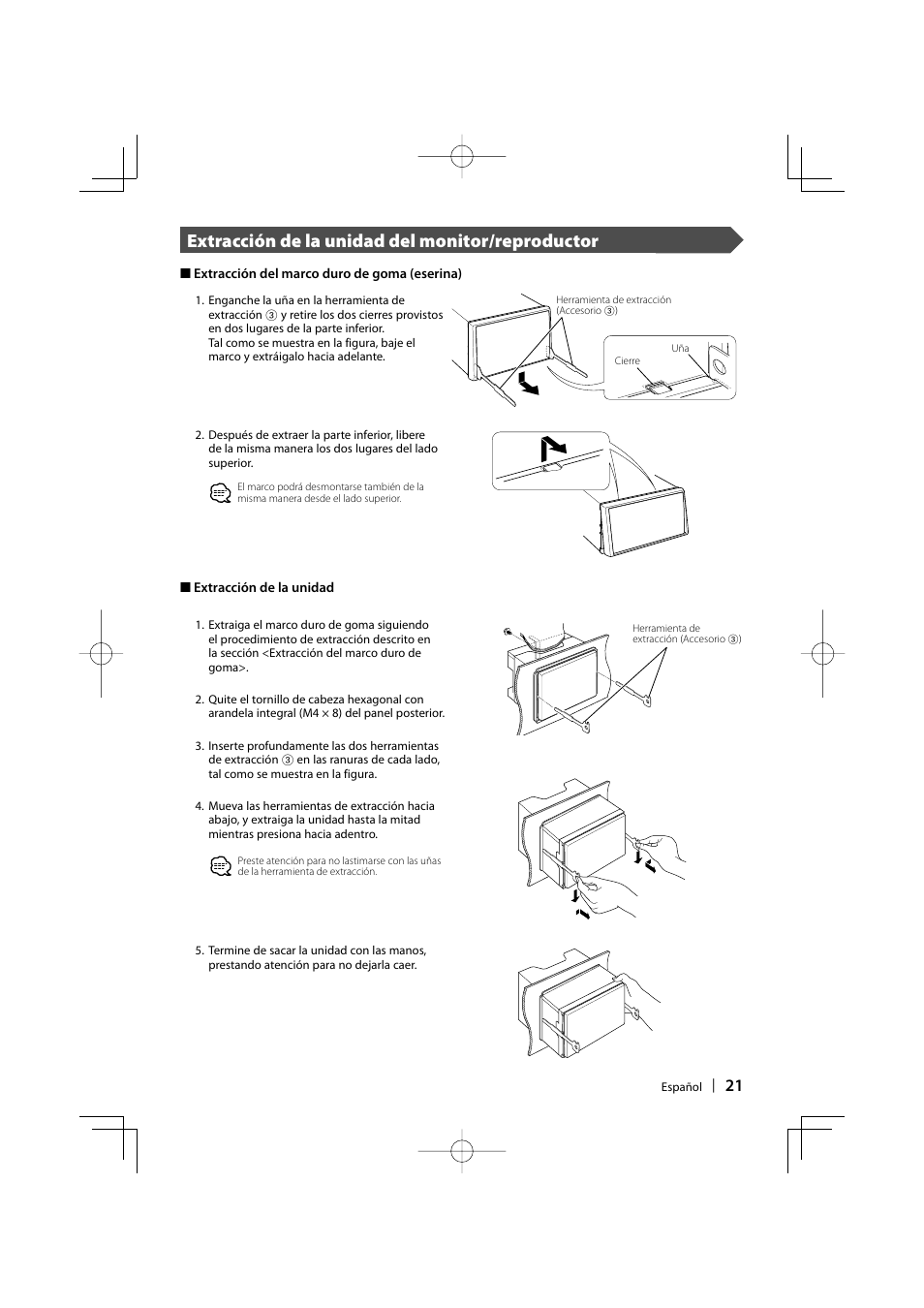 Extracción de la unidad del monitor/reproductor | Sony DDX6019 User Manual | Page 21 / 24