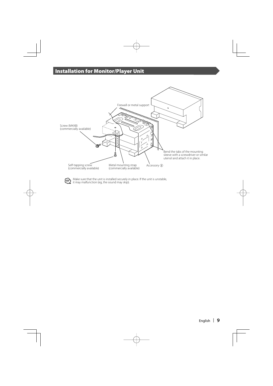 Installation for monitor/player unit | Sony DDX6019 User Manual | Page 9 / 24