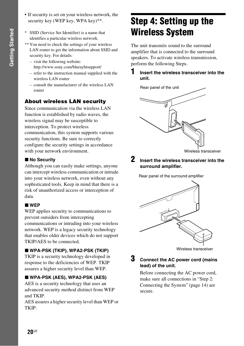 Step 4: setting up the wireless system, Step 4: setting up the, Wireless system | E 20) | Sony Blu-Ray Disc / DVD Home Theater System BDV-N790W User Manual | Page 20 / 64