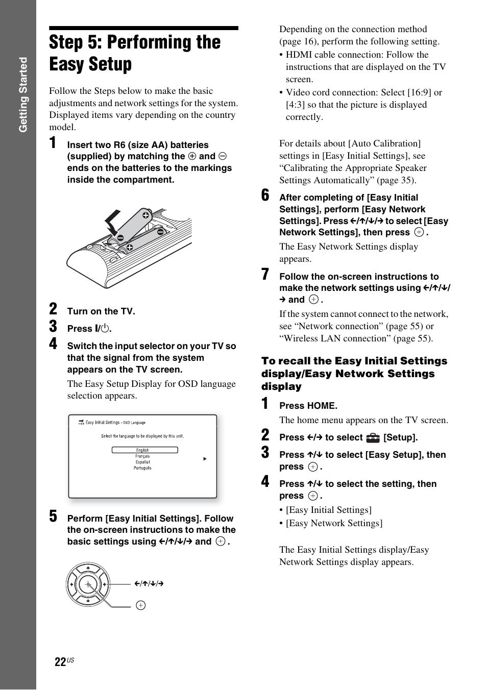 Step 5: performing the easy setup, Step 5: performing the easy, Setup | Es 22 | Sony Blu-Ray Disc / DVD Home Theater System BDV-N790W User Manual | Page 22 / 64