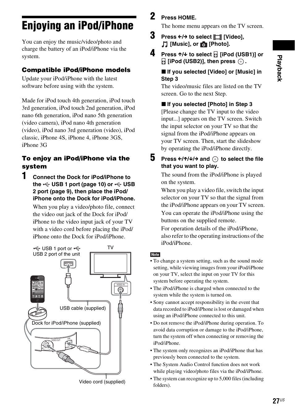 Enjoying an ipod/iphone | Sony Blu-Ray Disc / DVD Home Theater System BDV-N790W User Manual | Page 27 / 64