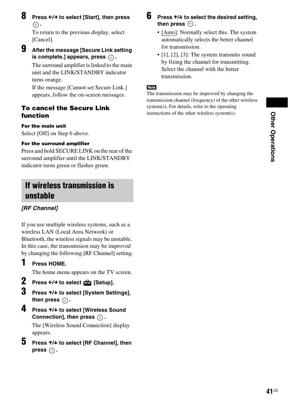 If wireless transmission is unstable | Sony Blu-Ray Disc / DVD Home Theater System BDV-N790W User Manual | Page 41 / 64