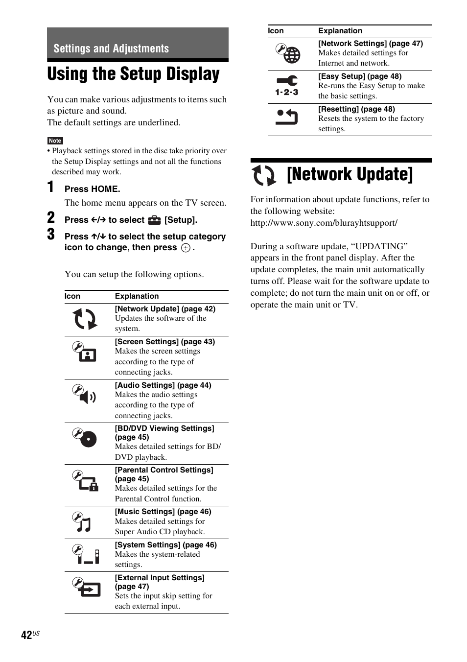 Settings and adjustments, Using the setup display, Network update | Using the setup display [network update | Sony Blu-Ray Disc / DVD Home Theater System BDV-N790W User Manual | Page 42 / 64