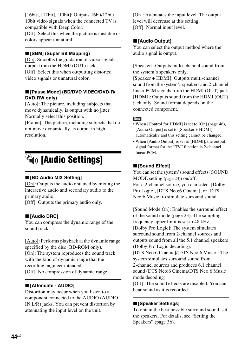 Audio settings | Sony Blu-Ray Disc / DVD Home Theater System BDV-N790W User Manual | Page 44 / 64