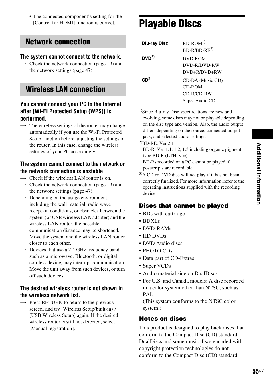 Network connection, Wireless lan connection, Playable discs | Network connection wireless lan connection | Sony Blu-Ray Disc / DVD Home Theater System BDV-N790W User Manual | Page 55 / 64