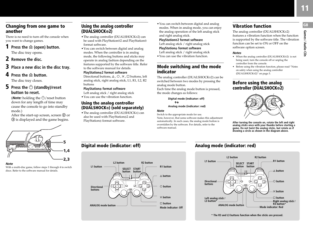 Changing from one game to another, Using the analog controller (dualshock, Mode switching and the mode indicator | Vibration function, Before using the analog controller (dualshock | Sony SCPH-50006 User Manual | Page 11 / 56