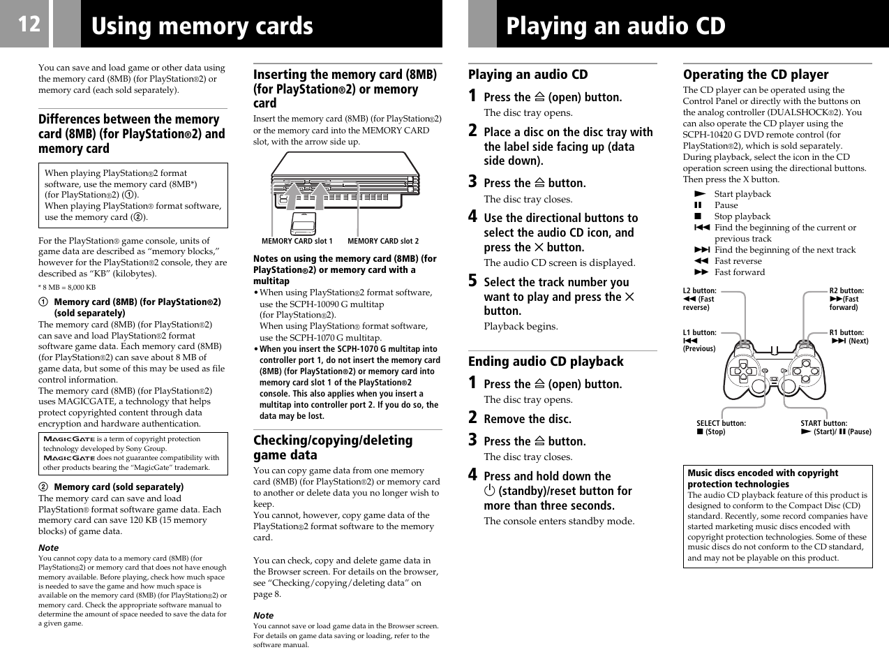 Playing an audio cd, Checking/copying/deleting game data, Ending audio cd playback | Operating the cd player | Sony SCPH-50006 User Manual | Page 12 / 56