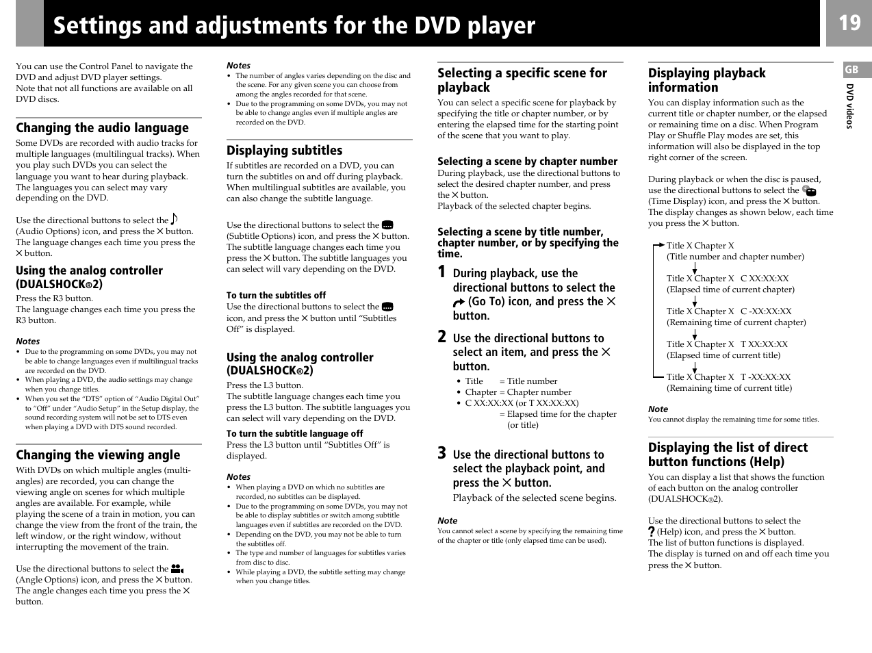 Settings and adjustments for the dvd player, Changing the audio language, Changing the viewing angle | Displaying subtitles, Selecting a specific scene for playback, Displaying playback information | Sony SCPH-50006 User Manual | Page 19 / 56