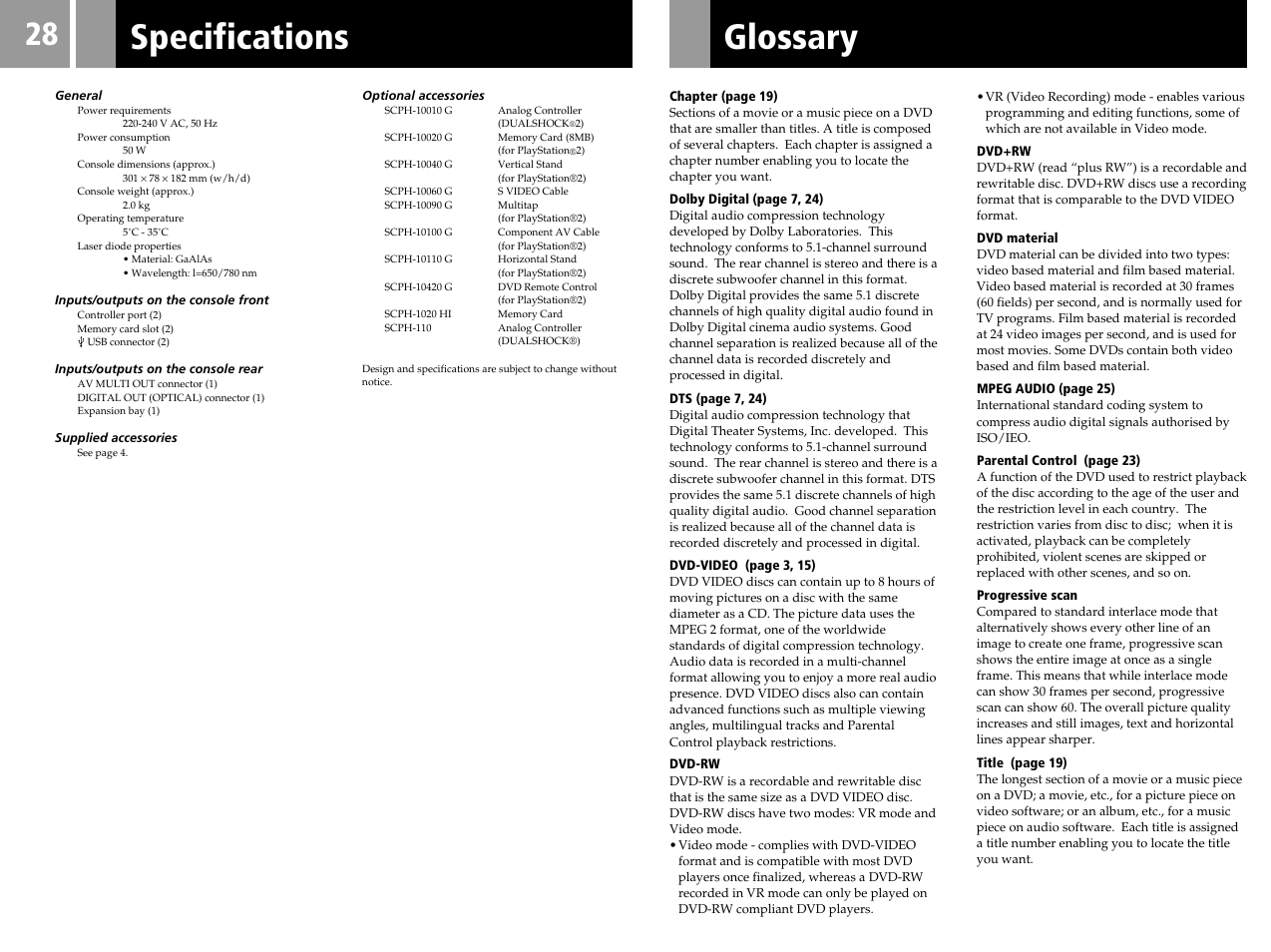 Glossary, Specifications | Sony SCPH-50006 User Manual | Page 28 / 56