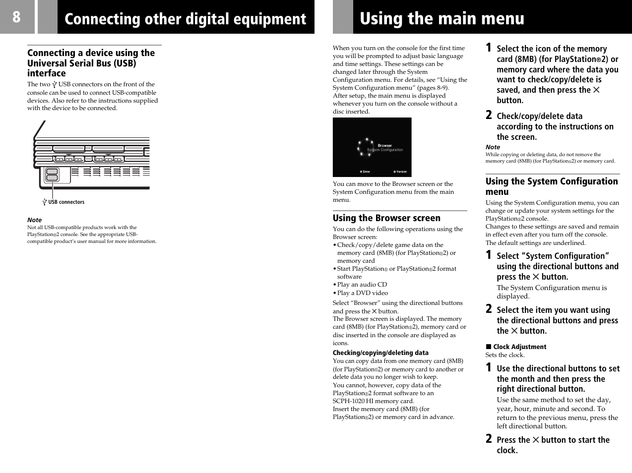 Using the main menu, Connecting other digital equipment | Sony SCPH-50006 User Manual | Page 8 / 56