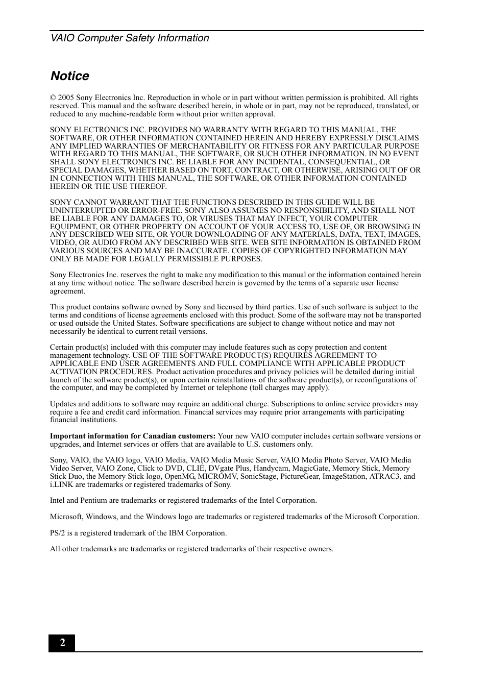 Notice, Vaio computer safety information | Sony VGC-RB30C/G User Manual | Page 2 / 12