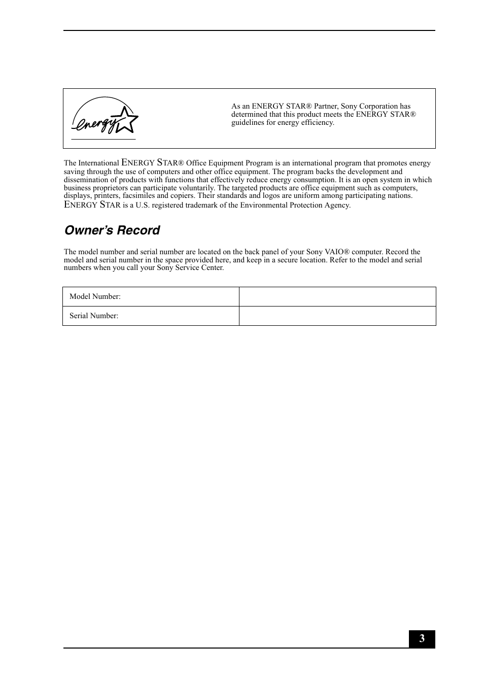 Owner’s record | Sony VGC-RB30C/G User Manual | Page 3 / 12