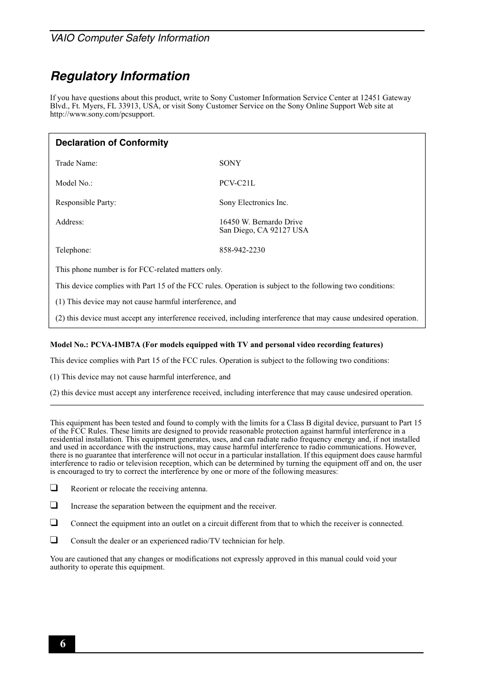 Regulatory information, Vaio computer safety information | Sony VGC-RB30C/G User Manual | Page 6 / 12