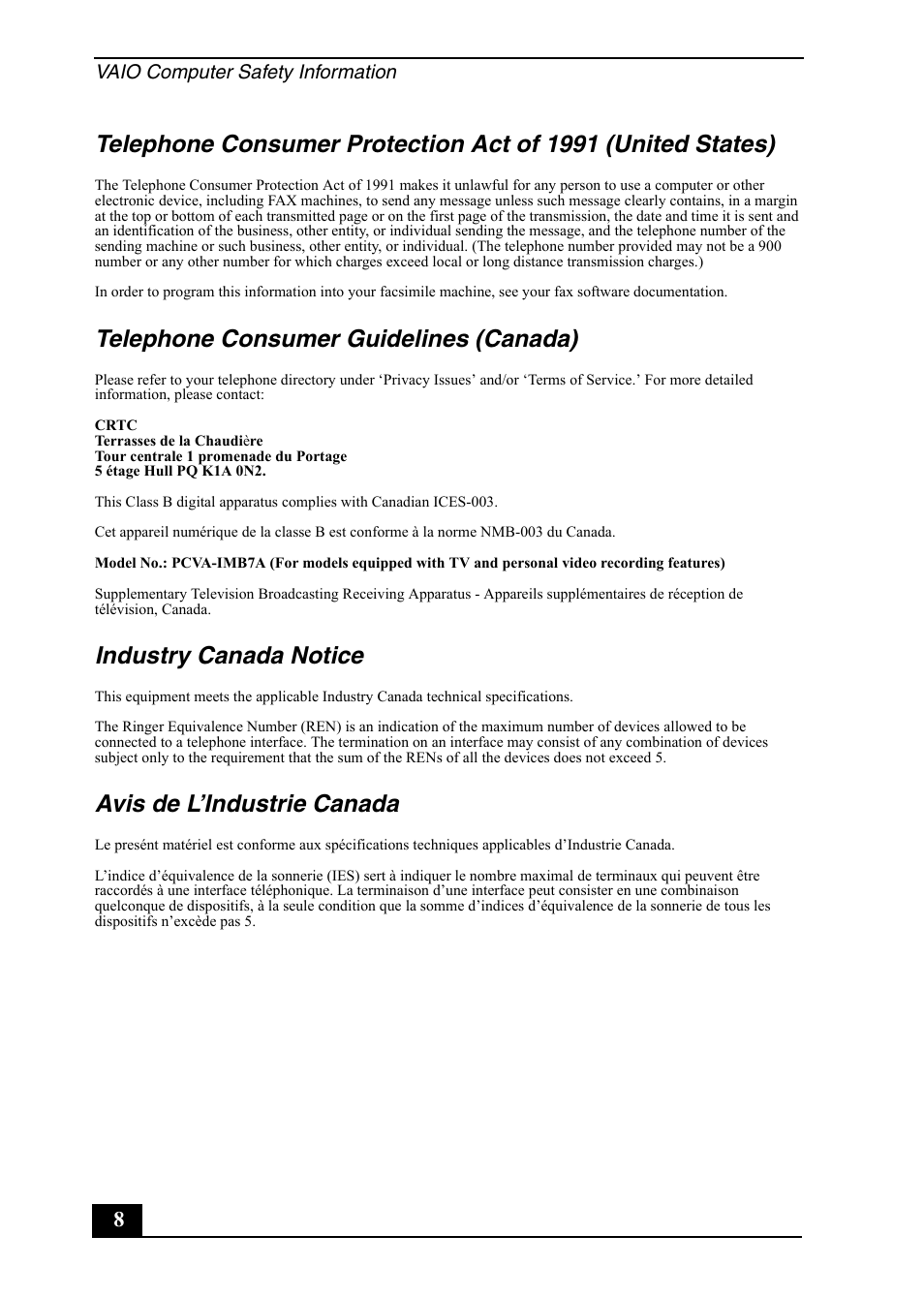 Telephone consumer guidelines (canada), Industry canada notice, Avis de l’industrie canada | Vaio computer safety information | Sony VGC-RB30C/G User Manual | Page 8 / 12