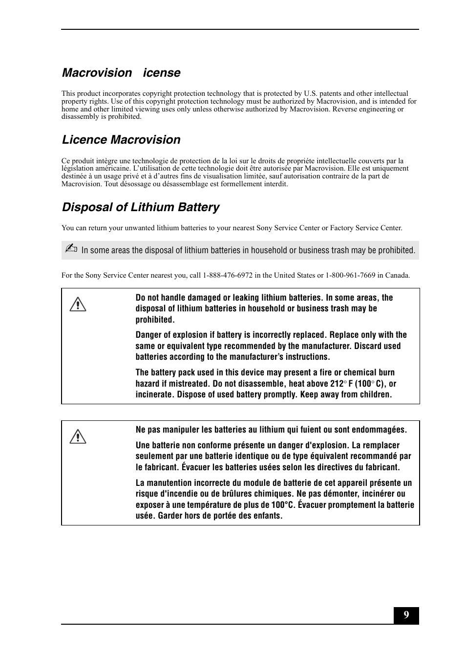 Macrovision license, Licence macrovision, Disposal of lithium battery | Sony VGC-RB30C/G User Manual | Page 9 / 12