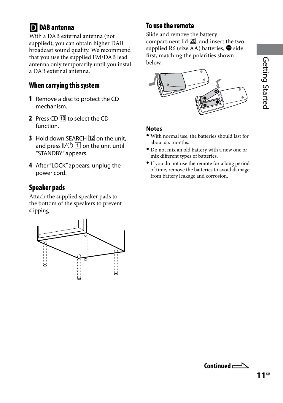 Getting s tar ted  dab antenna, When carrying this system, Speaker pads | Sony CMT-HX9DAB User Manual | Page 11 / 32
