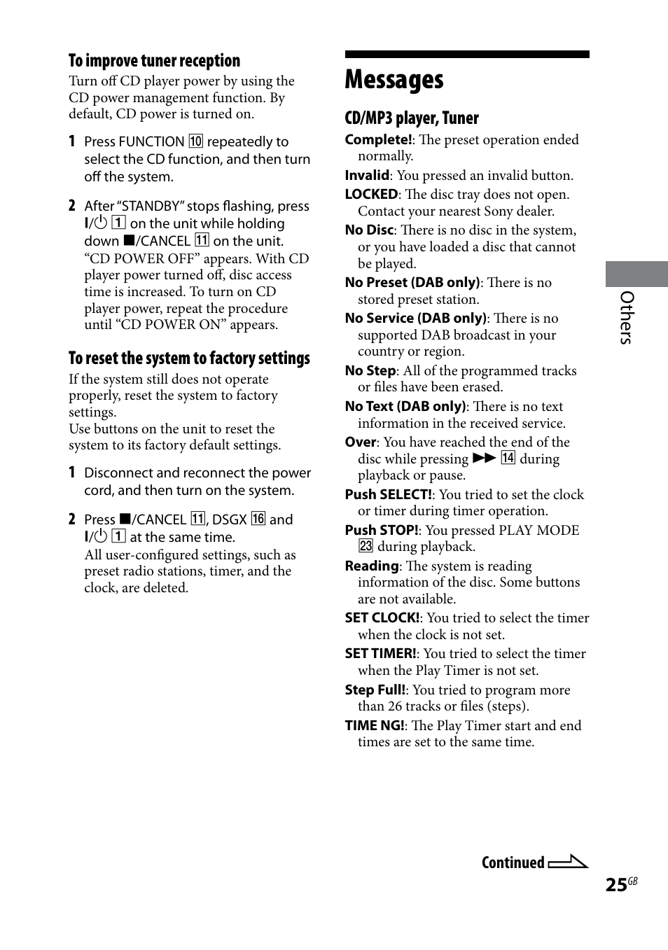 Messages, Others to improve tuner reception, Cd/mp3 player, tuner | Sony CMT-HX9DAB User Manual | Page 25 / 32