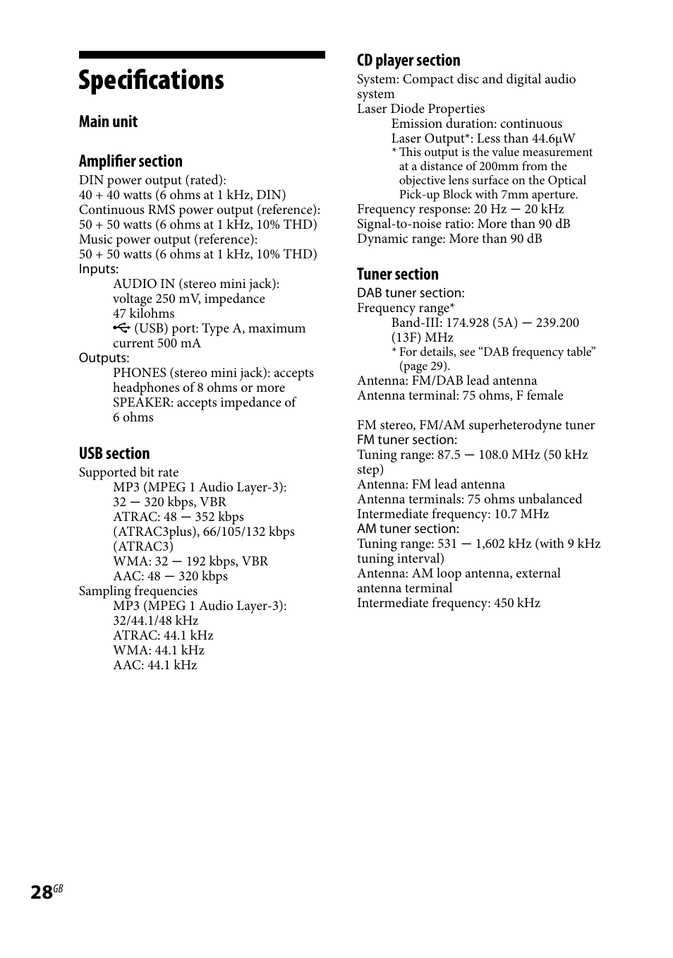 Specifications | Sony CMT-HX9DAB User Manual | Page 28 / 32