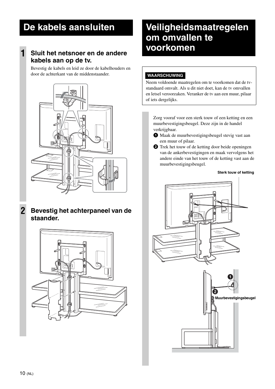 De kabels aansluiten, Veiligheidsmaatregelen om omvallen te voorkomen, De kabels aansluiten 1 | Sony SU-FL61 User Manual | Page 100 / 211