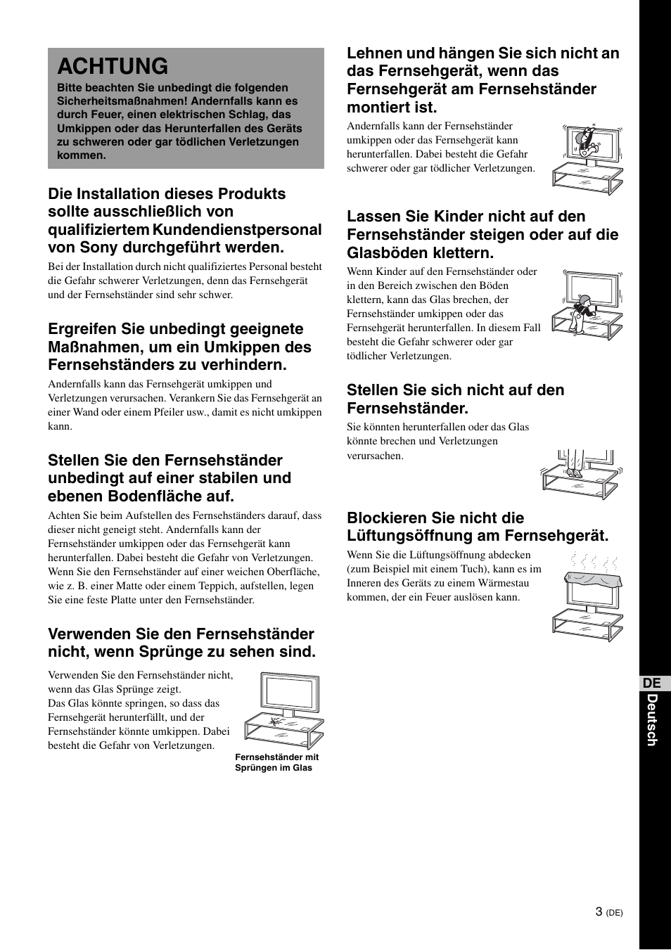 Achtung, Stellen sie sich nicht auf den fernsehständer | Sony SU-FL61 User Manual | Page 103 / 211