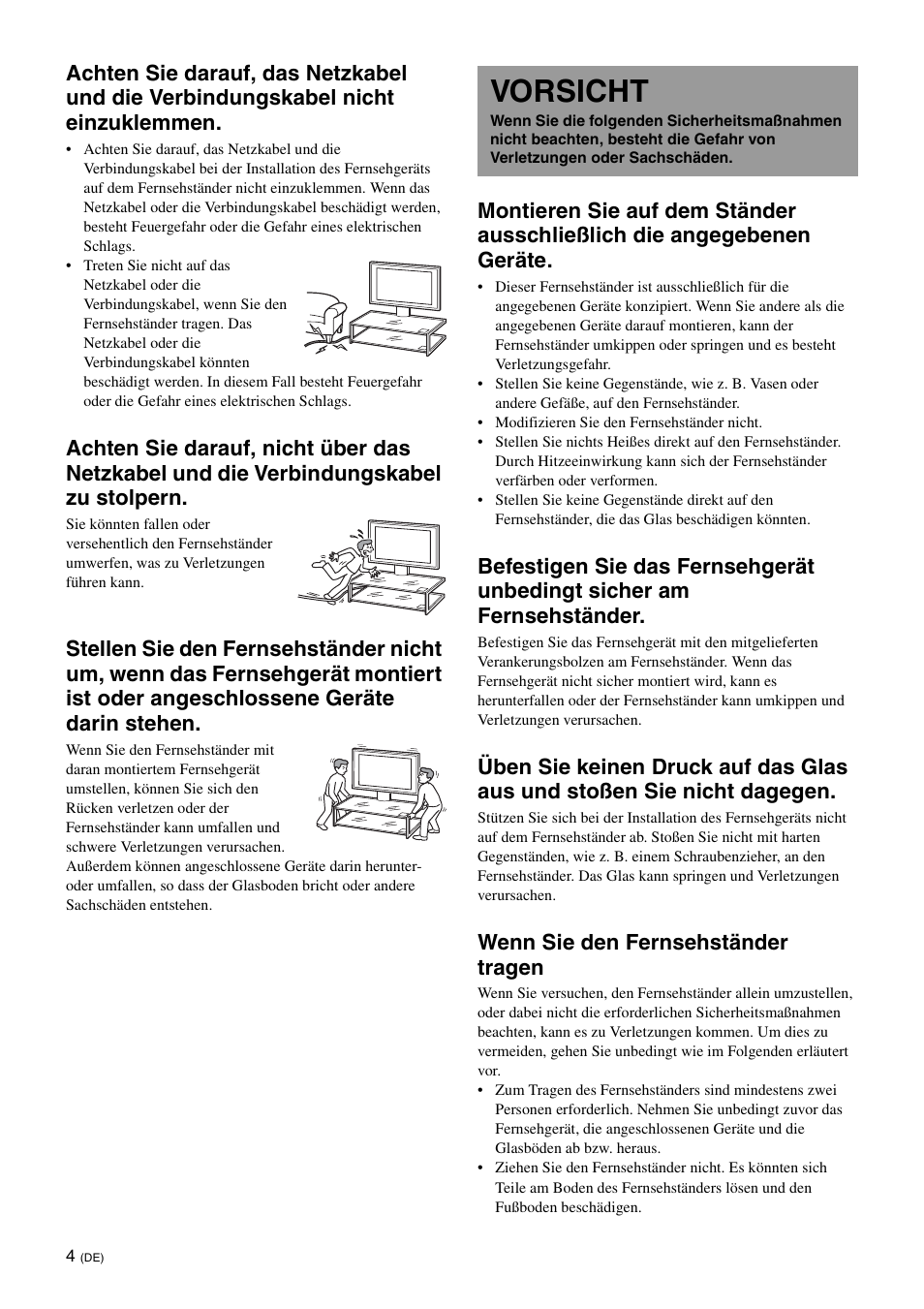 Vorsicht, Wenn sie den fernsehständer tragen | Sony SU-FL61 User Manual | Page 104 / 211