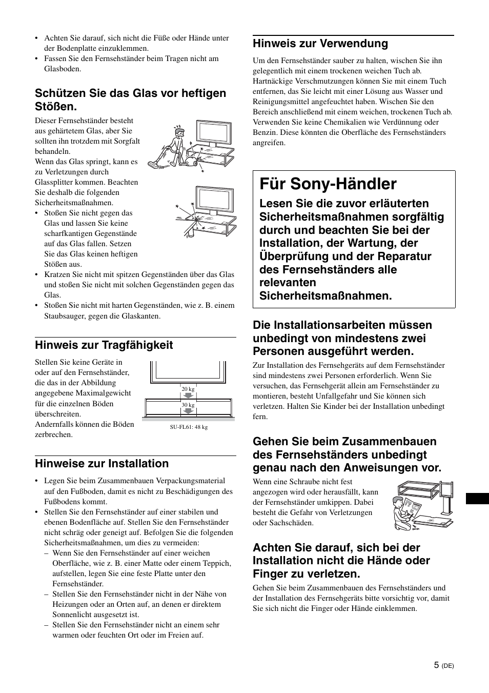 Für sony-händler, Schützen sie das glas vor heftigen stößen, Hinweis zur tragfähigkeit | Hinweise zur installation, Hinweis zur verwendung | Sony SU-FL61 User Manual | Page 105 / 211