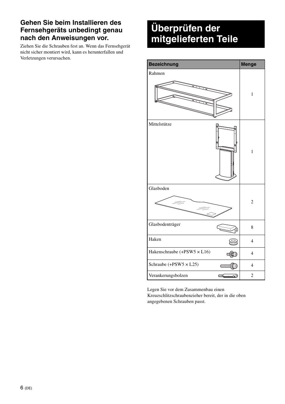 Überprüfen der mitgelieferten teile | Sony SU-FL61 User Manual | Page 106 / 211