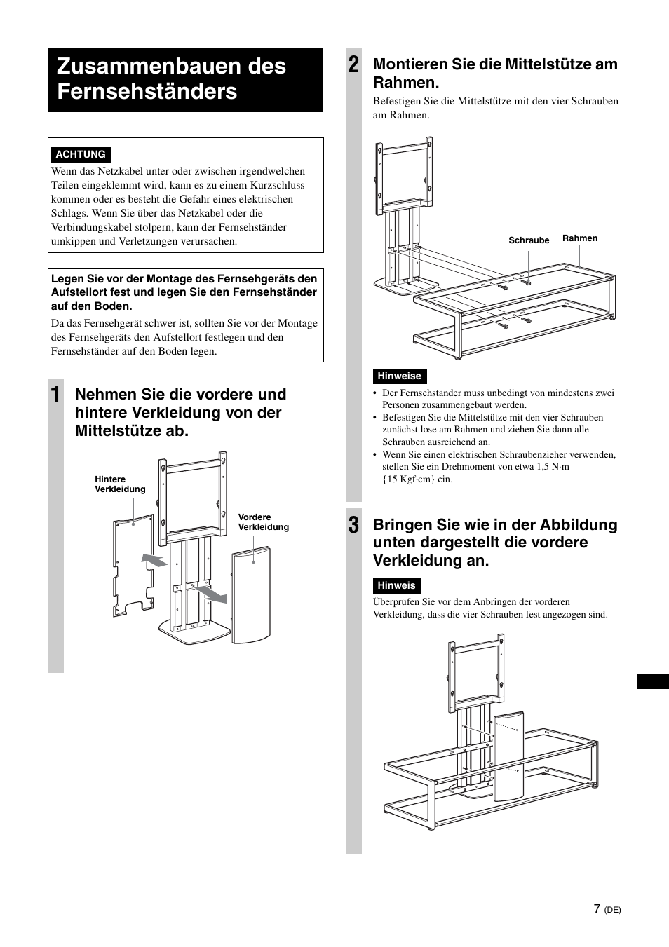 Zusammenbauen des fernsehständers, Montieren sie die mittelstütze am rahmen | Sony SU-FL61 User Manual | Page 107 / 211