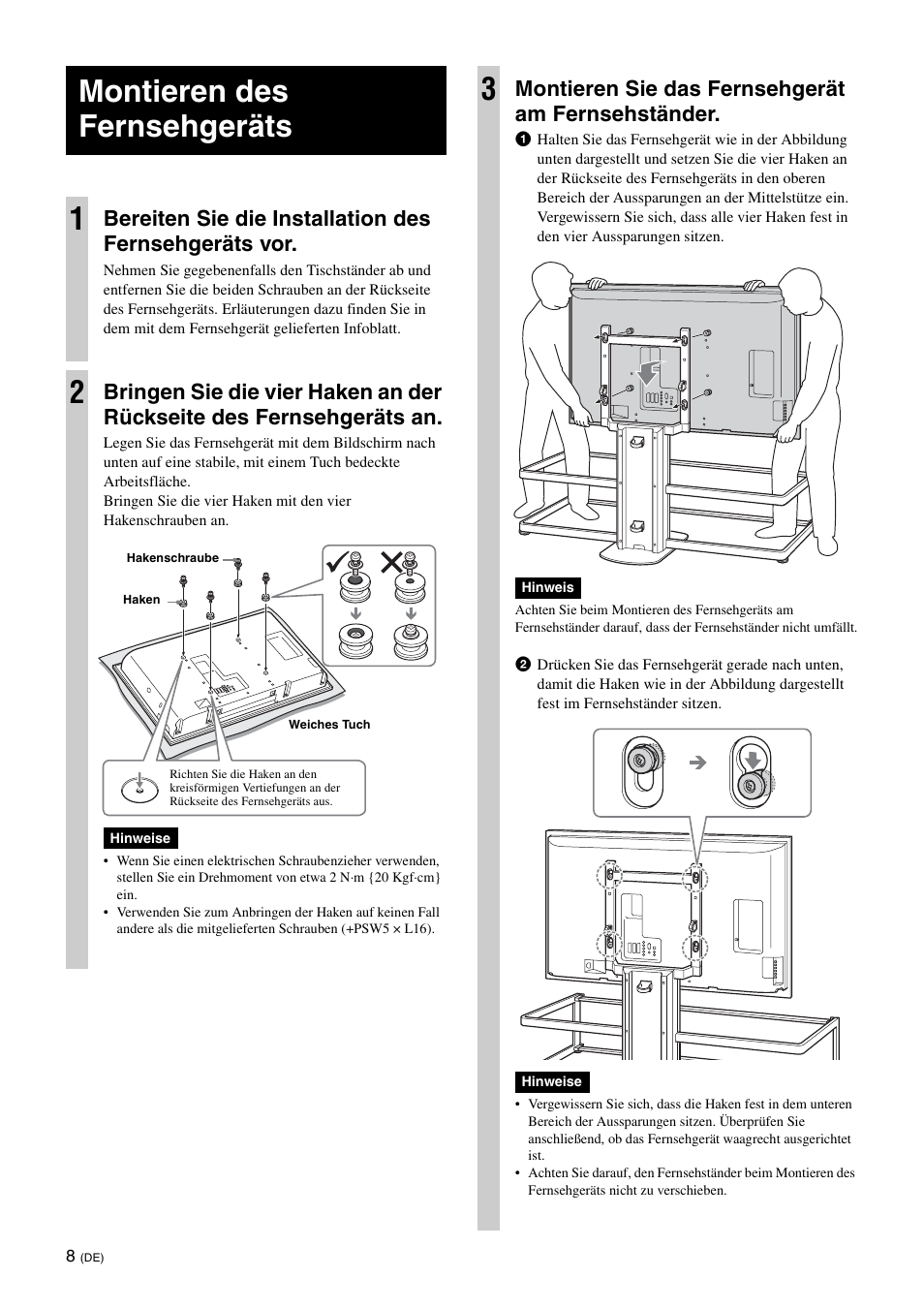 Montieren des fernsehgeräts, Montieren des fernsehgeräts 1, Montieren sie das fernsehgerät am fernsehständer | Sony SU-FL61 User Manual | Page 108 / 211