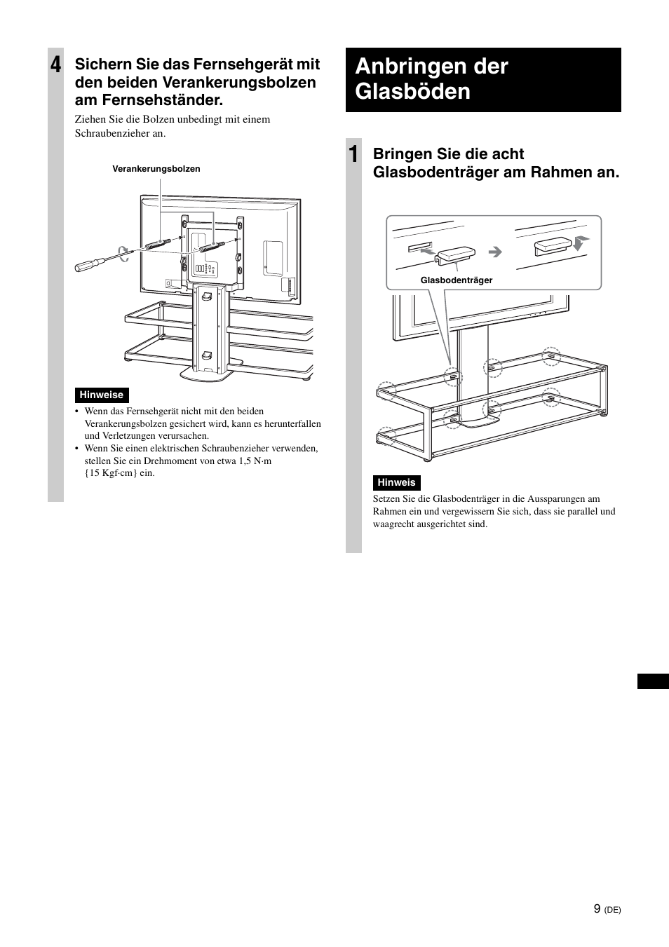 Anbringen der glasböden, Anbringen der glasböden 1, Bringen sie die acht glasbodenträger am rahmen an | Sony SU-FL61 User Manual | Page 109 / 211