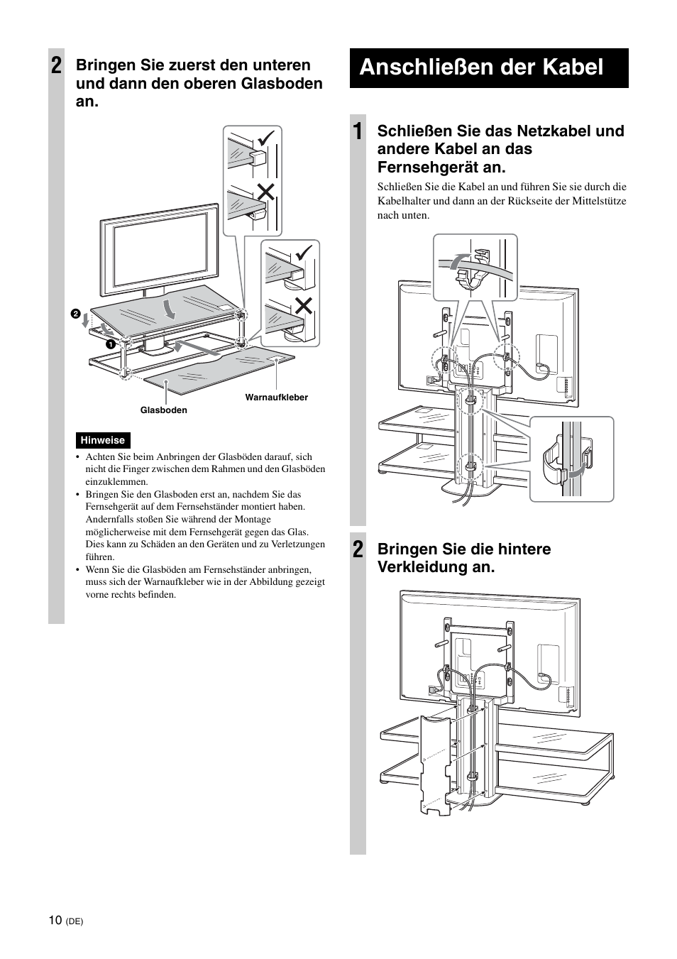 Anschließen der kabel, Anschließen der kabel 1, Bringen sie die hintere verkleidung an | Sony SU-FL61 User Manual | Page 110 / 211