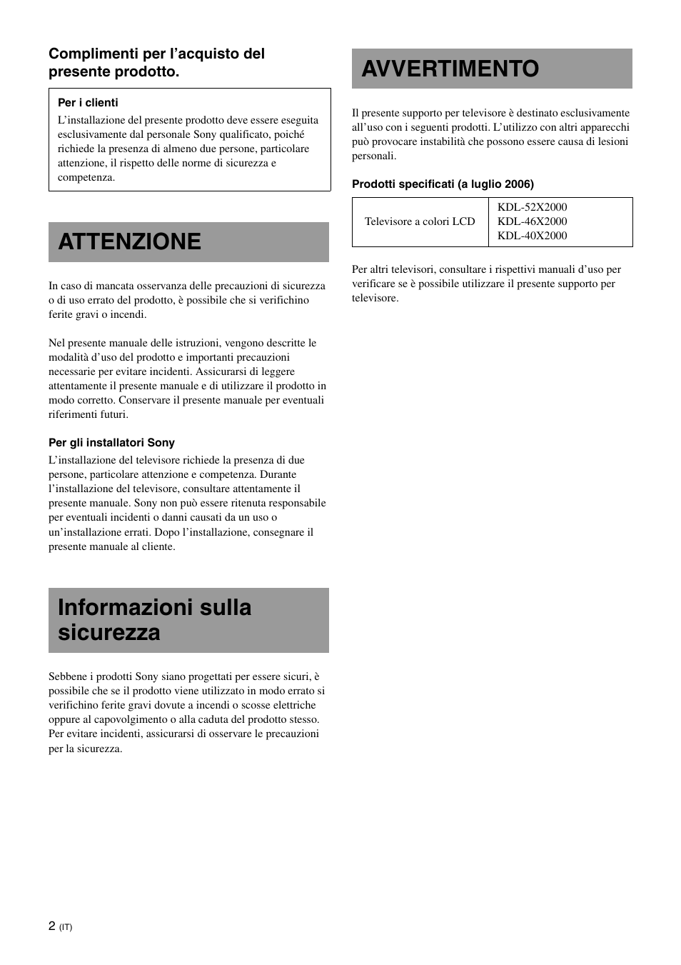 Attenzione, Informazioni sulla sicurezza, Avvertimento | Sony SU-FL61 User Manual | Page 112 / 211