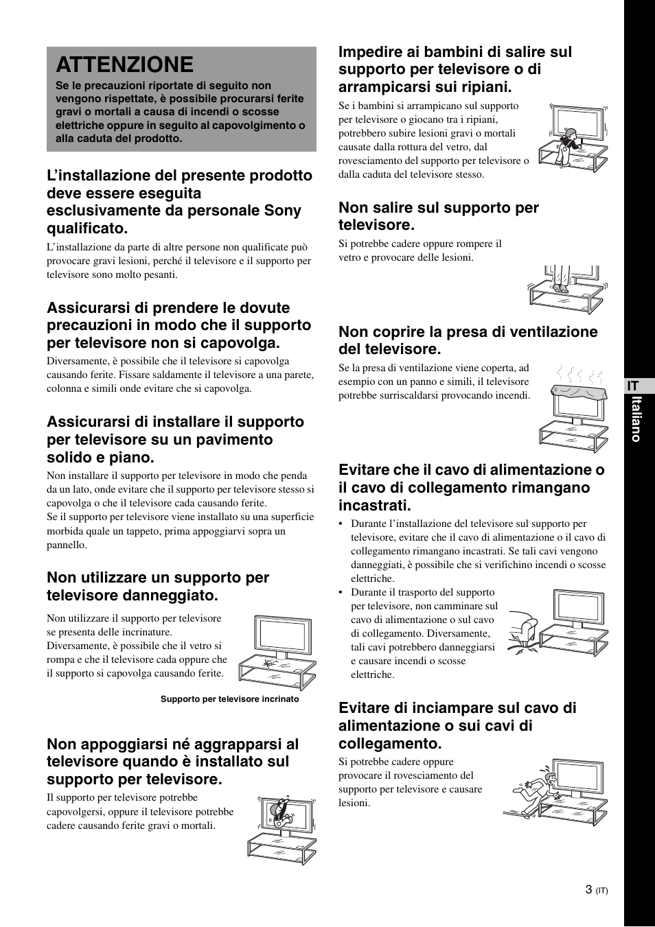 Attenzione, Non salire sul supporto per televisore | Sony SU-FL61 User Manual | Page 113 / 211