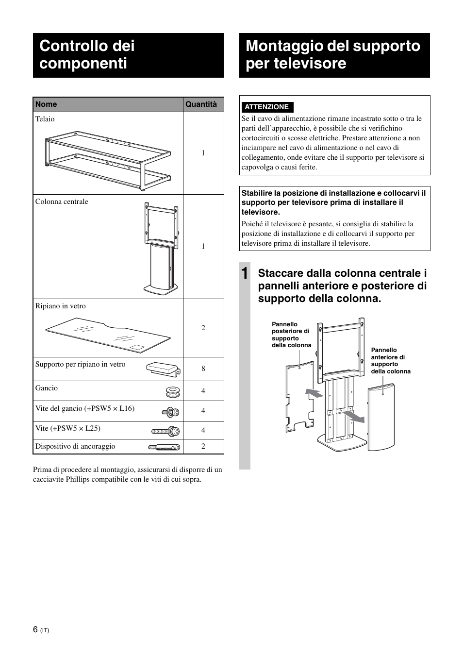 Controllo dei componenti, Montaggio del supporto per televisore | Sony SU-FL61 User Manual | Page 116 / 211