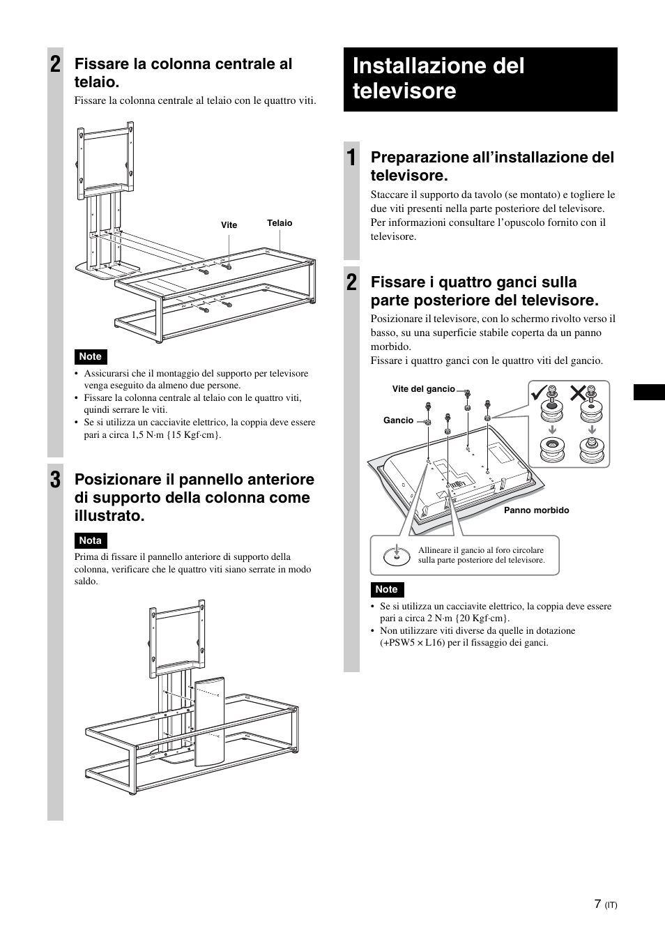 Installazione del televisore, Installazione del televisore 1, Fissare la colonna centrale al telaio | Preparazione all’installazione del televisore | Sony SU-FL61 User Manual | Page 117 / 211