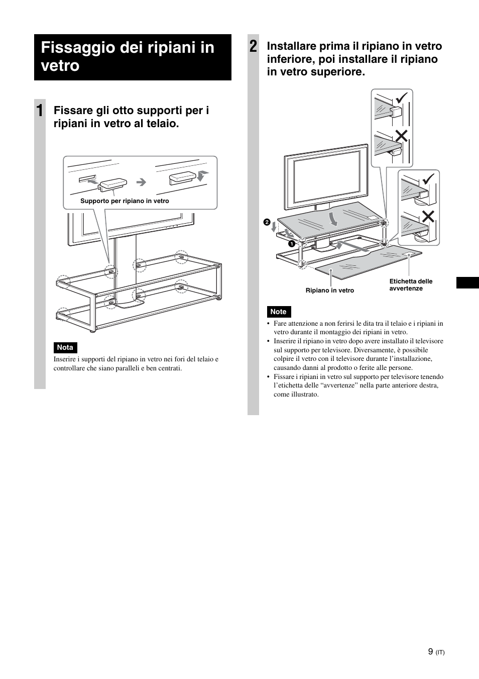 Fissaggio dei ripiani in vetro, Fissaggio dei ripiani in vetro 1 | Sony SU-FL61 User Manual | Page 119 / 211