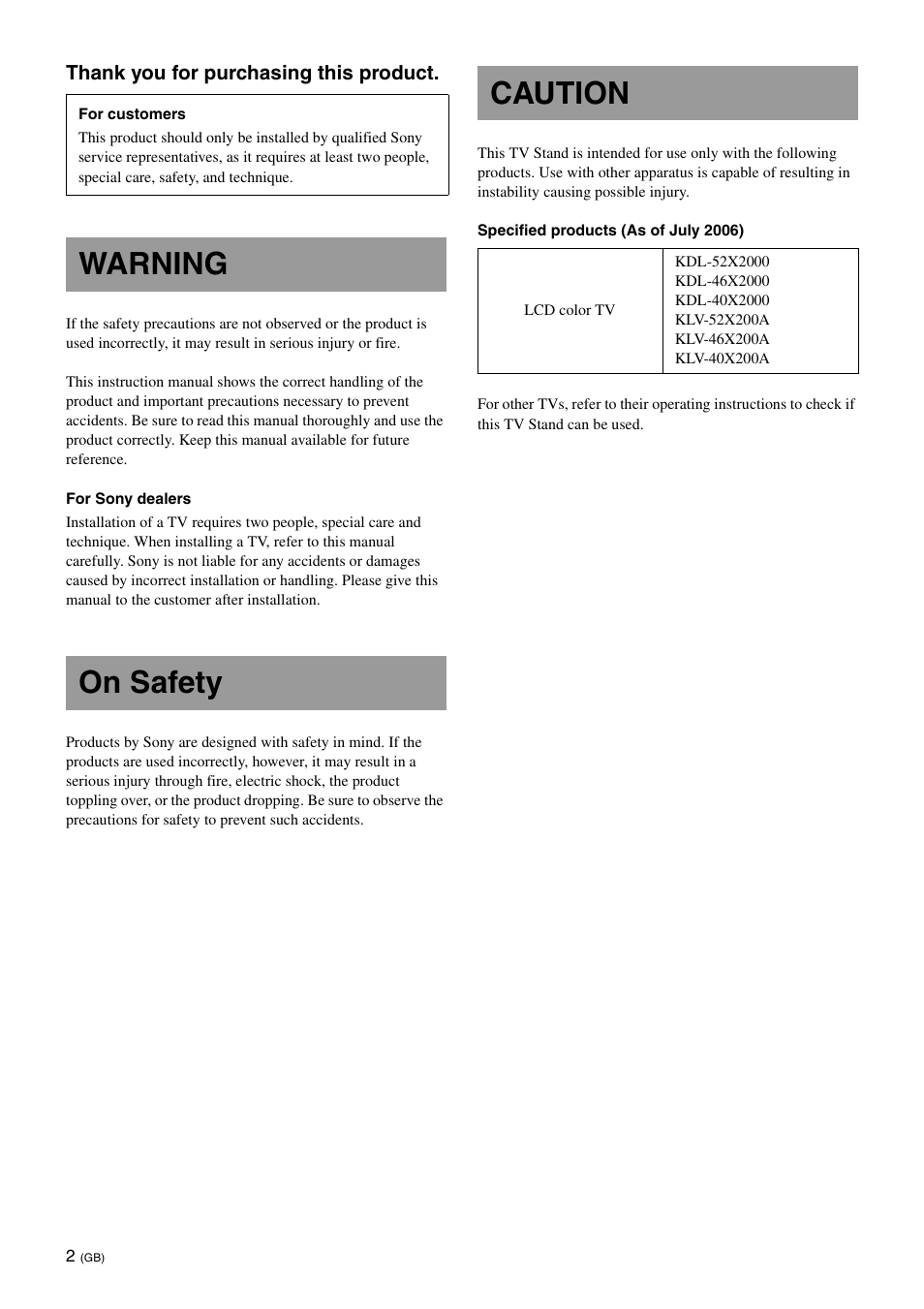 Warning, On safety, Caution | Warning on safety caution | Sony SU-FL61 User Manual | Page 12 / 211